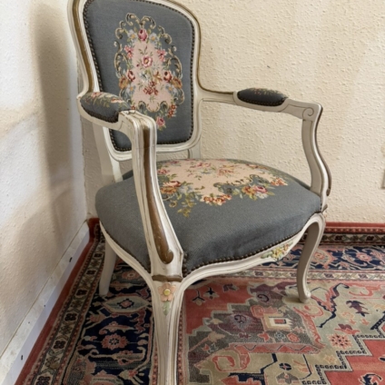 FRENCH WHITE AND GILT NEEDLEPOINT ARMCHAIR CIRCA 1950
