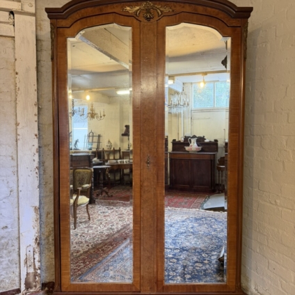 ANTIQUE FRENCH BURR WALNUT LOUIS XV MIRROR DOOR ARMOIRE CIRCA 1900