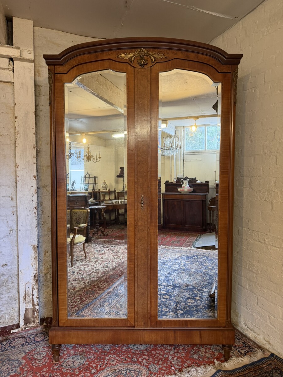 ANTIQUE FRENCH BURR WALNUT LOUIS XV MIRROR DOOR ARMOIRE CIRCA 1900