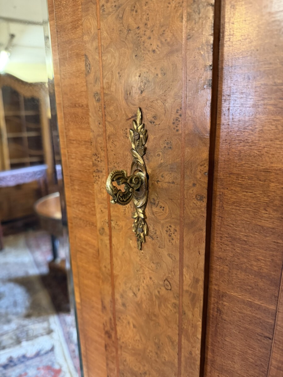 ANTIQUE FRENCH BURR WALNUT LOUIS XV MIRROR DOOR ARMOIRE CIRCA 1900 - Image 9