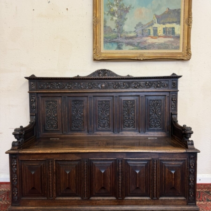 QUALITY ANTIQUE CARVED OAK BOX SETTLE/BENCH/SEAT CIRCA 1900