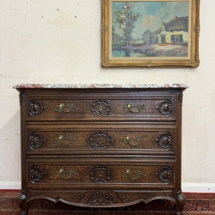 FRENCH ANTIQUE CARVED OAK MARBLE TOP COMMODE/CHEST OF DRAWERS CIRCA 1900