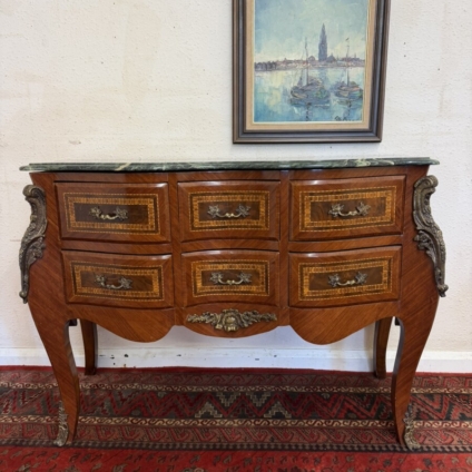 FRENCH SHAPED INLAID WALNUT MARBLE TOP COMMODE/CHEST CIRCA 1950