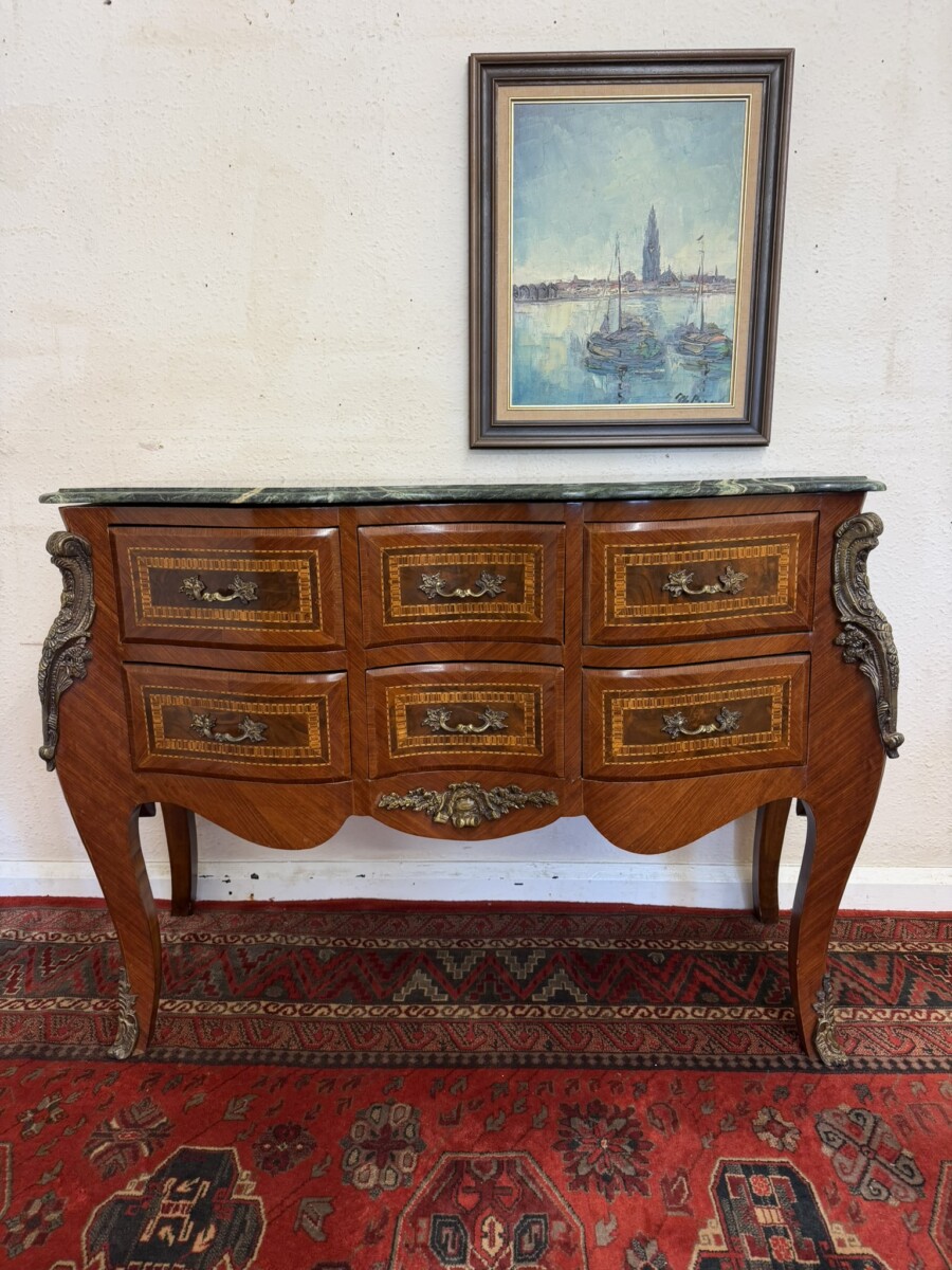FRENCH SHAPED INLAID WALNUT MARBLE TOP COMMODE/CHEST CIRCA 1950