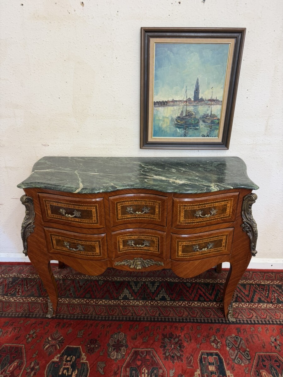 FRENCH SHAPED INLAID WALNUT MARBLE TOP COMMODE/CHEST CIRCA 1950 - Image 2