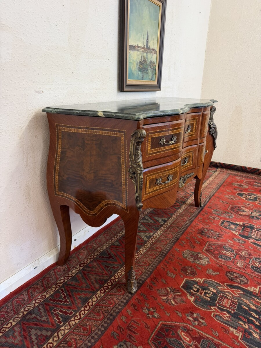 FRENCH SHAPED INLAID WALNUT MARBLE TOP COMMODE/CHEST CIRCA 1950 - Image 3