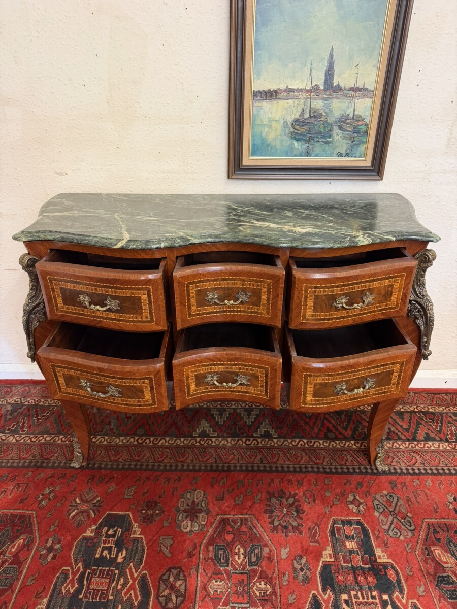 FRENCH SHAPED INLAID WALNUT MARBLE TOP COMMODE/CHEST CIRCA 1950 - Image 8