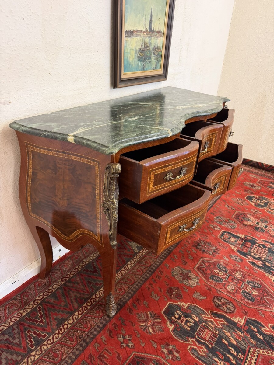 FRENCH SHAPED INLAID WALNUT MARBLE TOP COMMODE/CHEST CIRCA 1950 - Image 9