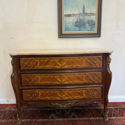 FRENCH INLAID WALNUT MARBLE TOP COMMODE/CHEST DRAWERS CIRCA 1950