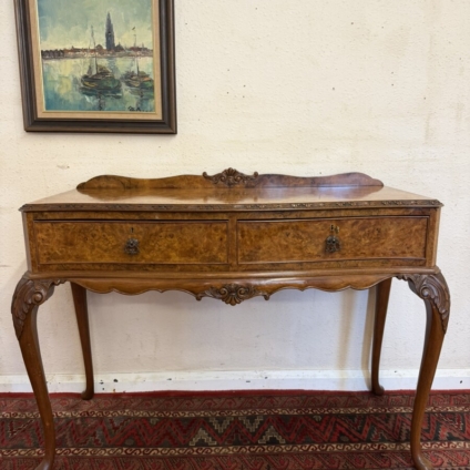 SHAPED CARVED BURR WALNUT TWO DRAWER SIDE TABLE/HALL TABLE