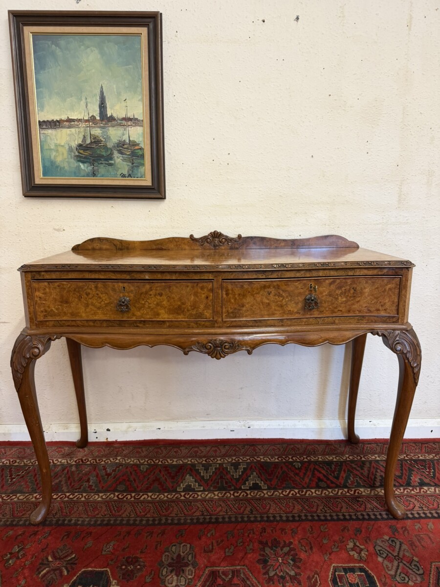 SHAPED CARVED BURR WALNUT TWO DRAWER SIDE TABLE/HALL TABLE