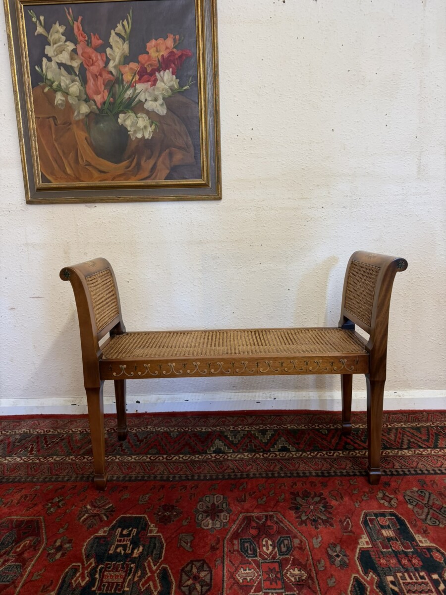 MAHOGANY HAND PAINTED CANE SEAT/BENCH