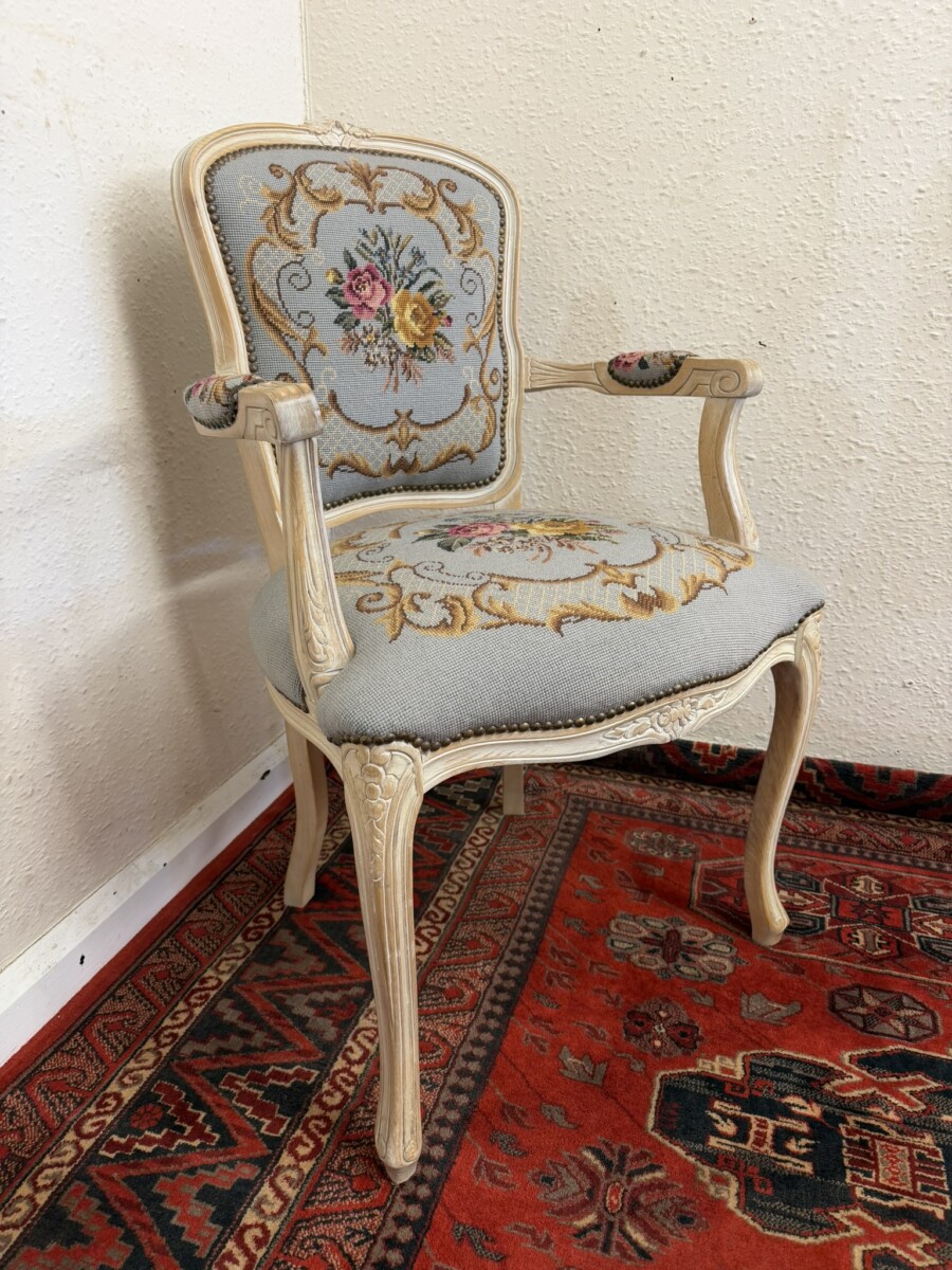 FRENCH LIMED NEEDLEPOINT ARMCHAIR