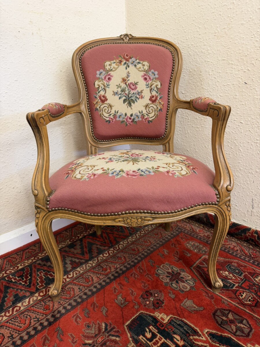 FRENCH CARVED WALNUT NEEDLEPOINT ARMCHAIR - Image 2