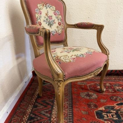 FRENCH CARVED WALNUT NEEDLEPOINT ARMCHAIR