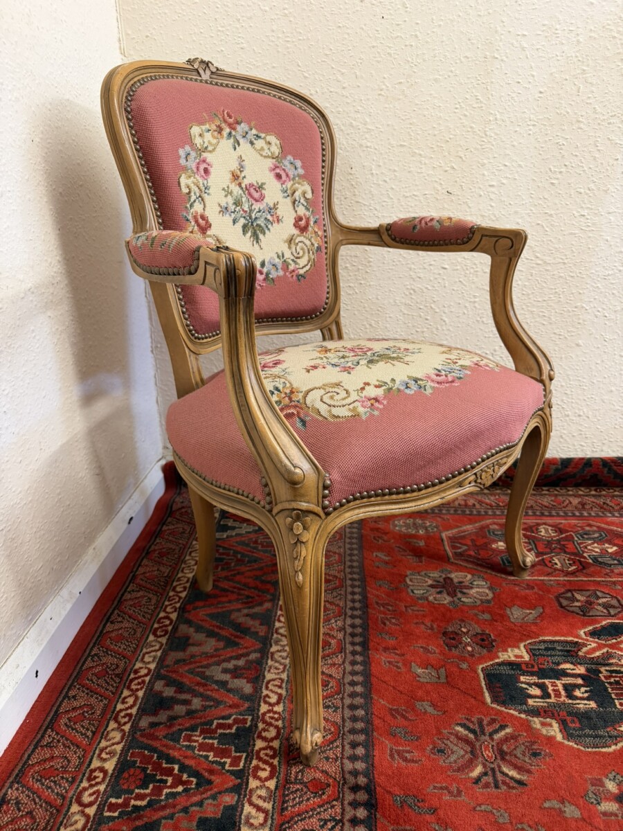 FRENCH CARVED WALNUT NEEDLEPOINT ARMCHAIR