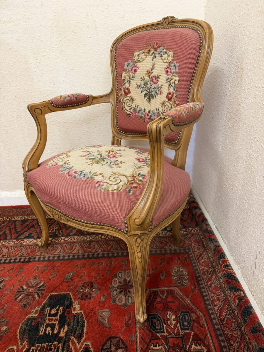 FRENCH CARVED WALNUT NEEDLEPOINT ARMCHAIR - Image 3