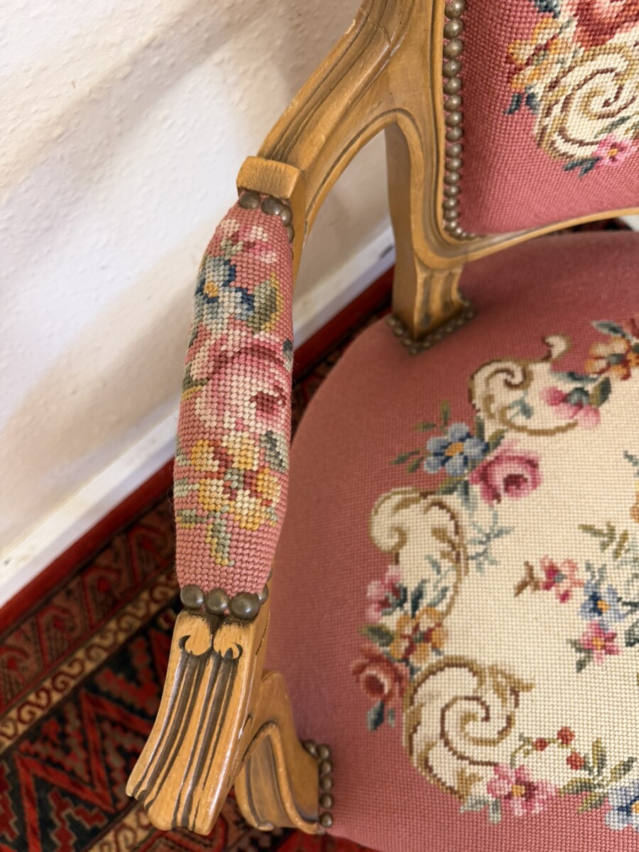 FRENCH CARVED WALNUT NEEDLEPOINT ARMCHAIR - Image 5