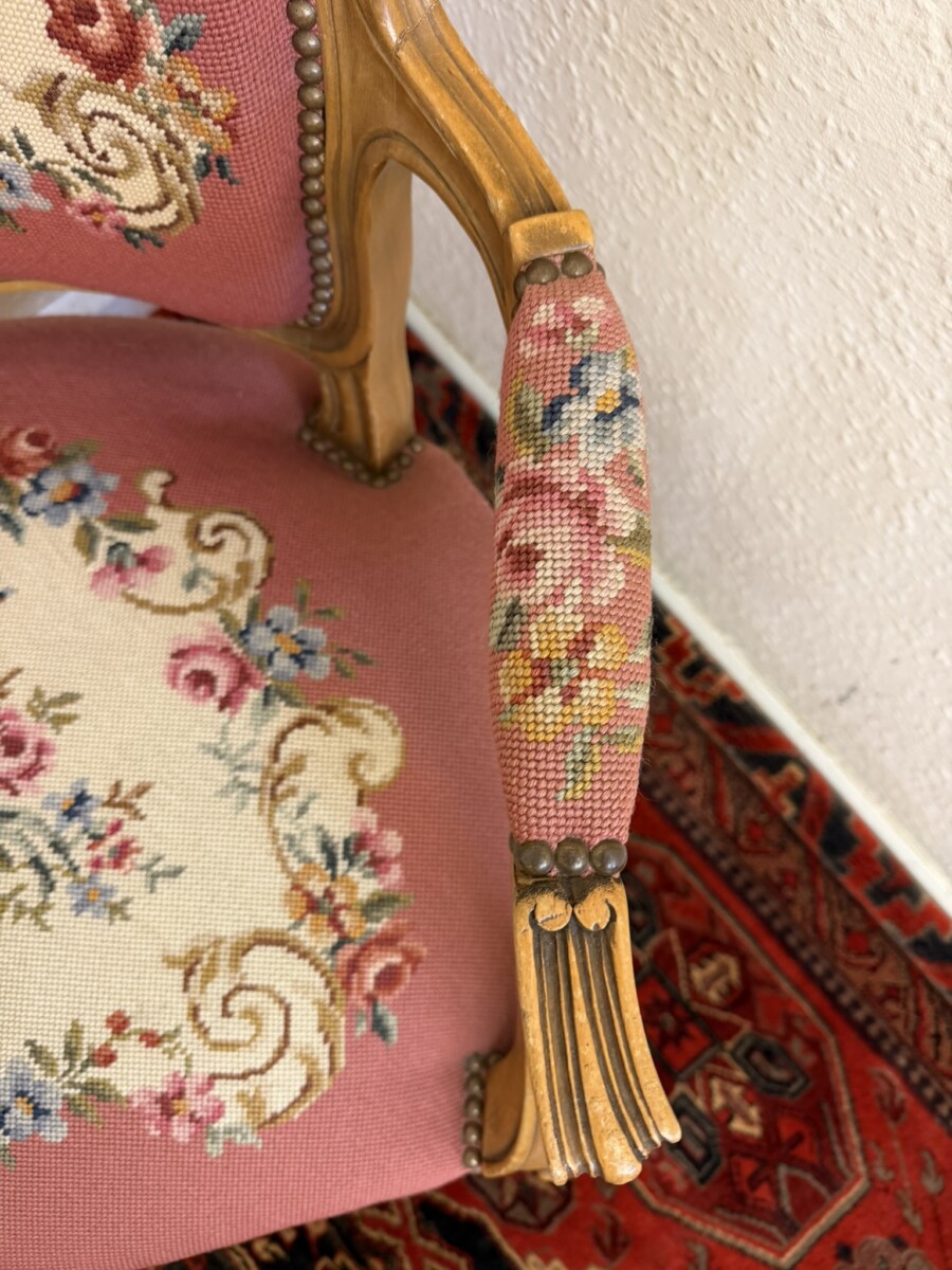 FRENCH CARVED WALNUT NEEDLEPOINT ARMCHAIR - Image 6