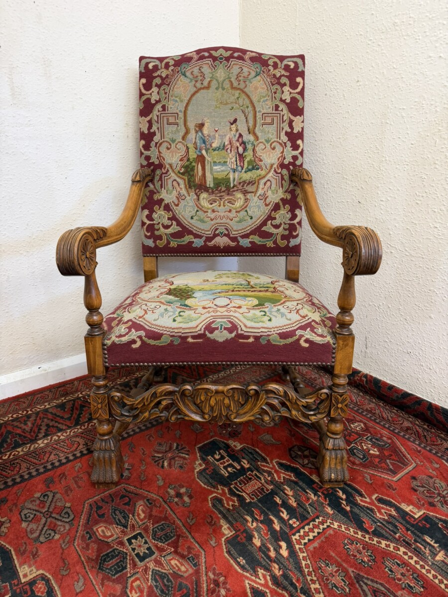 FRENCH CARVED WALNUT NEEDLEPOINT THRONE CHAIR/ARMCHAIR CIRCA 1900 - Image 2