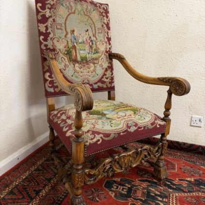 FRENCH CARVED WALNUT NEEDLEPOINT THRONE CHAIR/ARMCHAIR CIRCA 1900