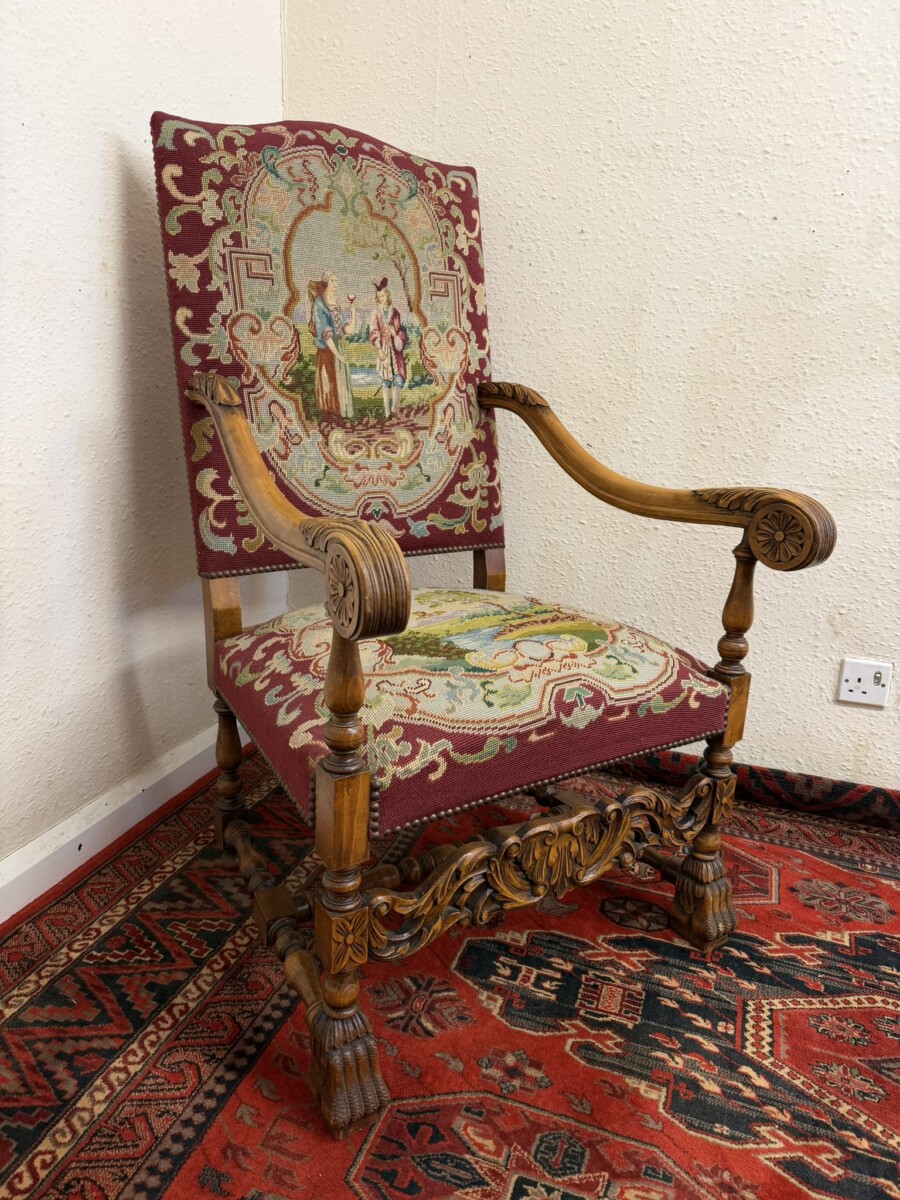 FRENCH CARVED WALNUT NEEDLEPOINT THRONE CHAIR/ARMCHAIR CIRCA 1900