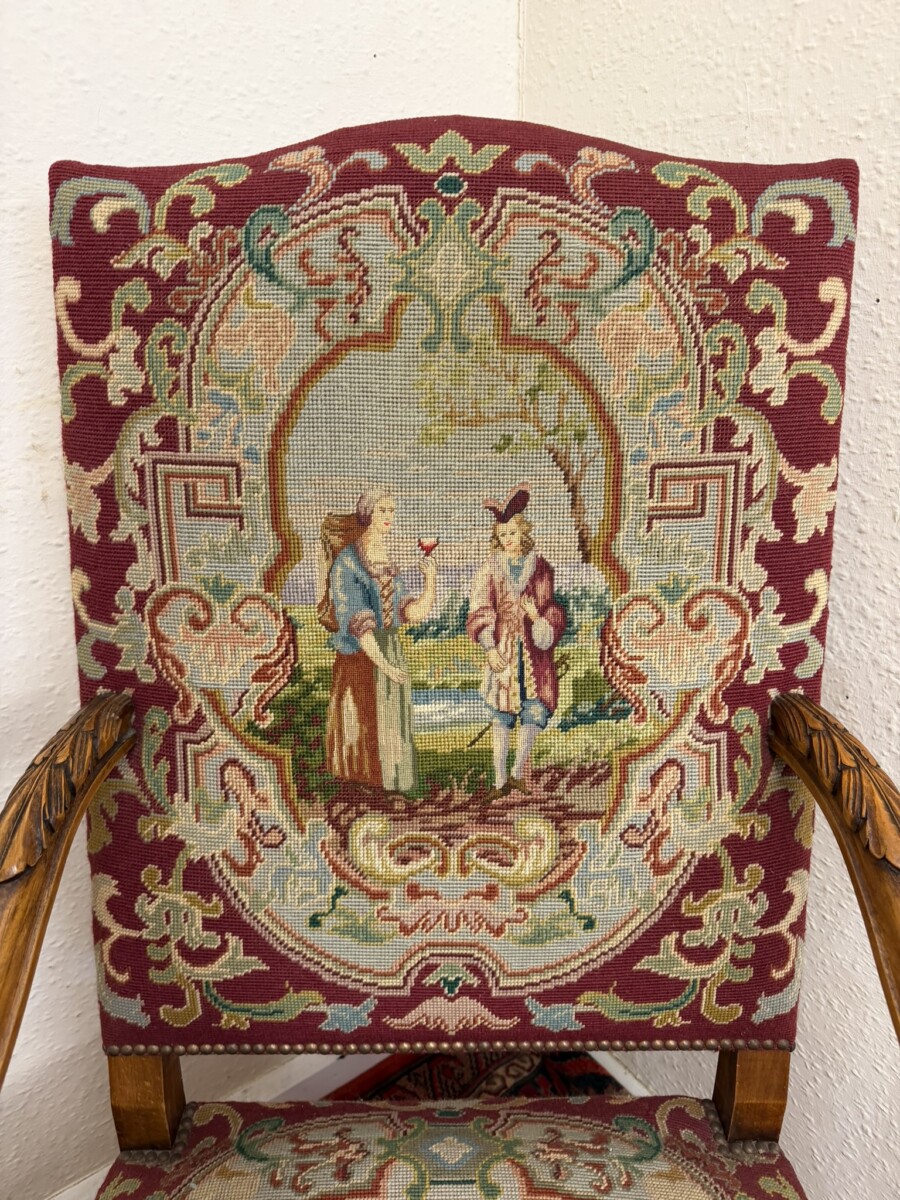 FRENCH CARVED WALNUT NEEDLEPOINT THRONE CHAIR/ARMCHAIR CIRCA 1900 - Image 5