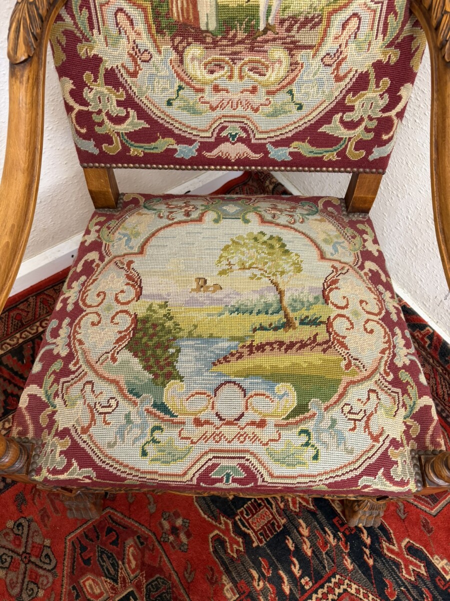 FRENCH CARVED WALNUT NEEDLEPOINT THRONE CHAIR/ARMCHAIR CIRCA 1900 - Image 6