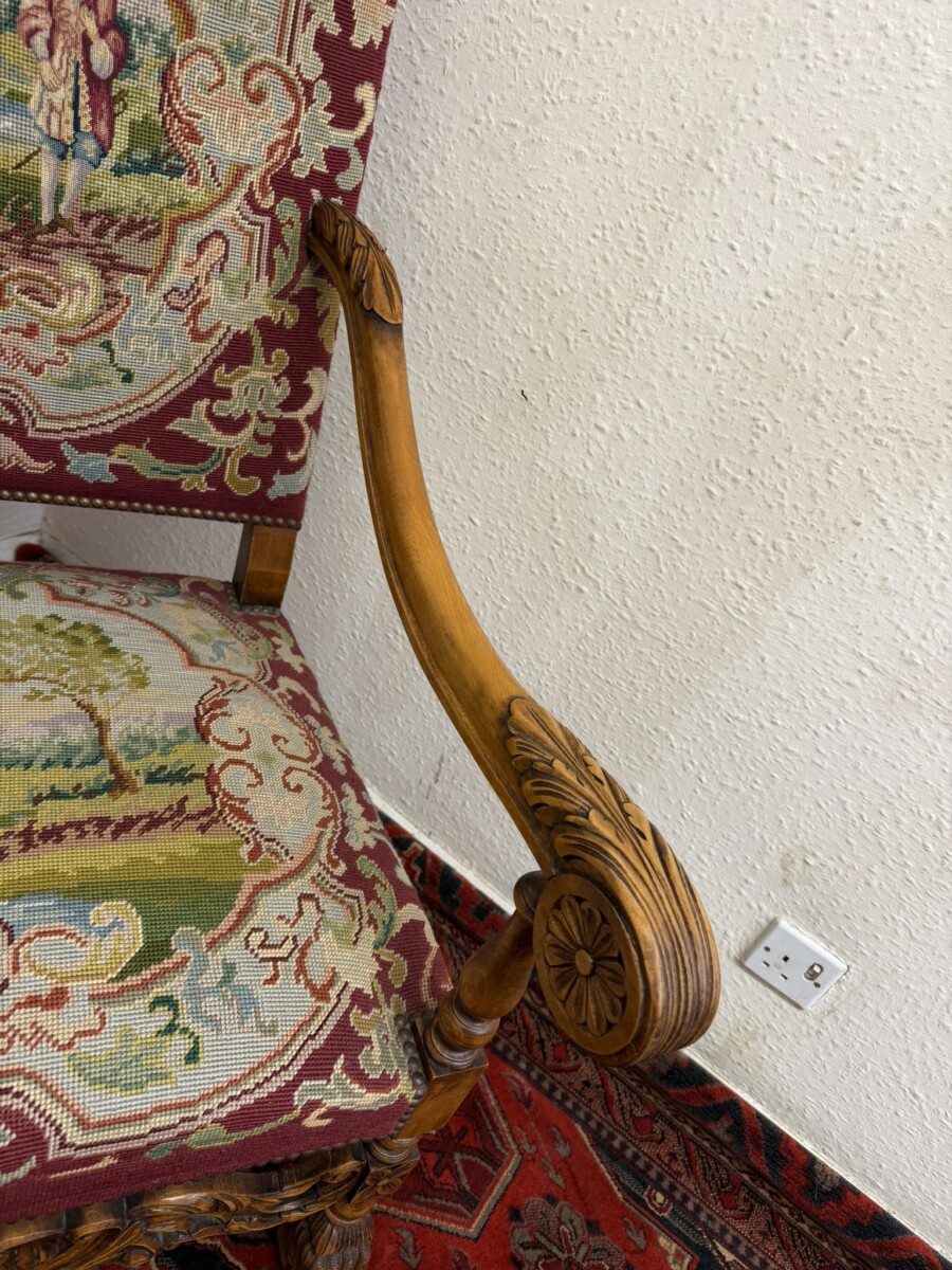 FRENCH CARVED WALNUT NEEDLEPOINT THRONE CHAIR/ARMCHAIR CIRCA 1900 - Image 8