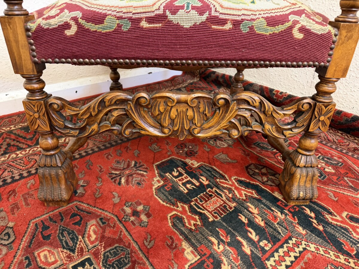FRENCH CARVED WALNUT NEEDLEPOINT THRONE CHAIR/ARMCHAIR CIRCA 1900 - Image 9