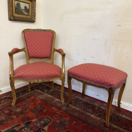FRENCH CARVED WALNUT UPHOLSTERED CHAIR AND MATCHING FOOT STOOL