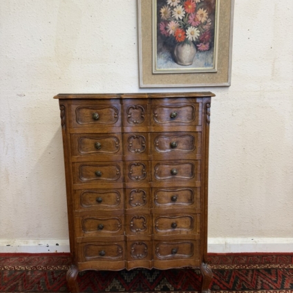 FRENCH CARVED OAK CHEST OF SIX DRAWERS