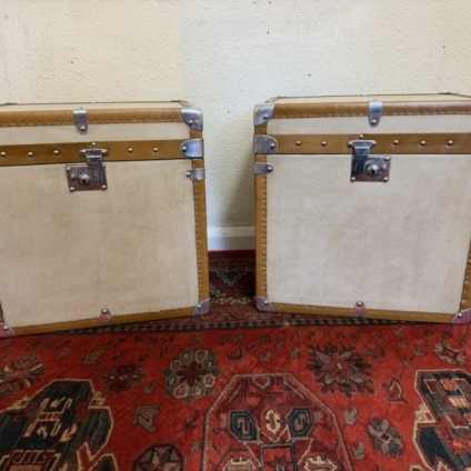 STUNNING PAIR OF LEATHER METAL BOUND TRUNKS/ END TABLES