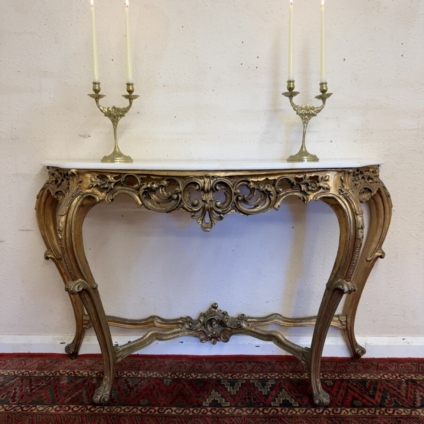ELABORATE FRENCH GILT MARBLE TOP CONSOLE CIRCA 1950