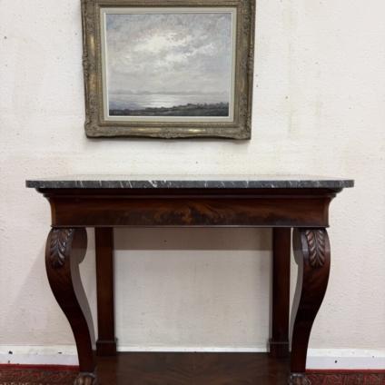 ANTIQUE FRENCH MAHOGANY MARBLE TOP CONSOLE TABLE CIRCA 1850