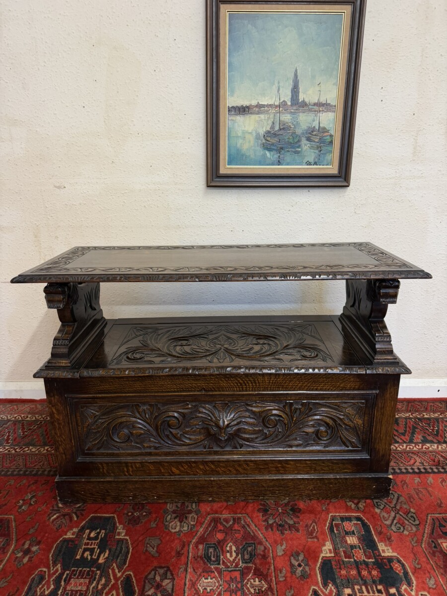ANTIQUE CARVED OAK MONKS BENCH/SEAT CIRCA 1910 - Image 2