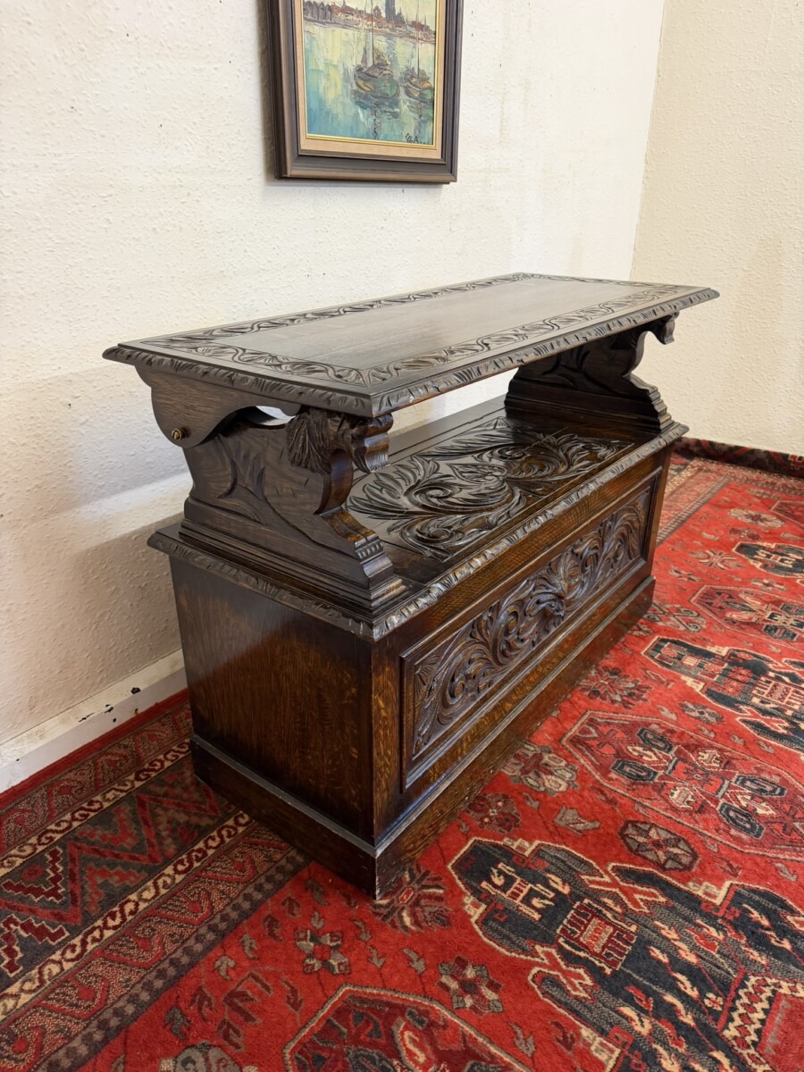 ANTIQUE CARVED OAK MONKS BENCH/SEAT CIRCA 1910 - Image 4