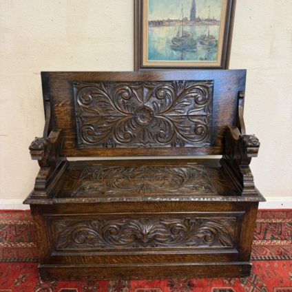 ANTIQUE CARVED OAK MONKS BENCH/SEAT CIRCA 1910