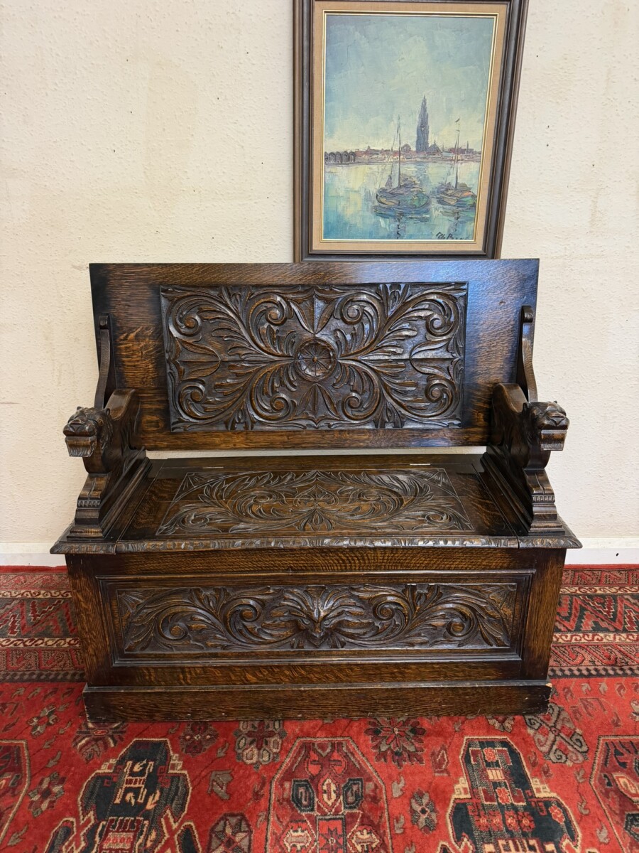 ANTIQUE CARVED OAK MONKS BENCH/SEAT CIRCA 1910