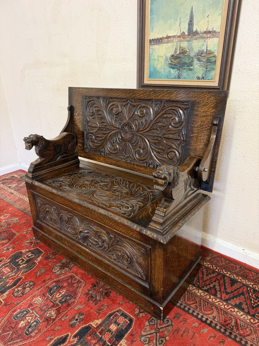 ANTIQUE CARVED OAK MONKS BENCH/SEAT CIRCA 1910 - Image 6