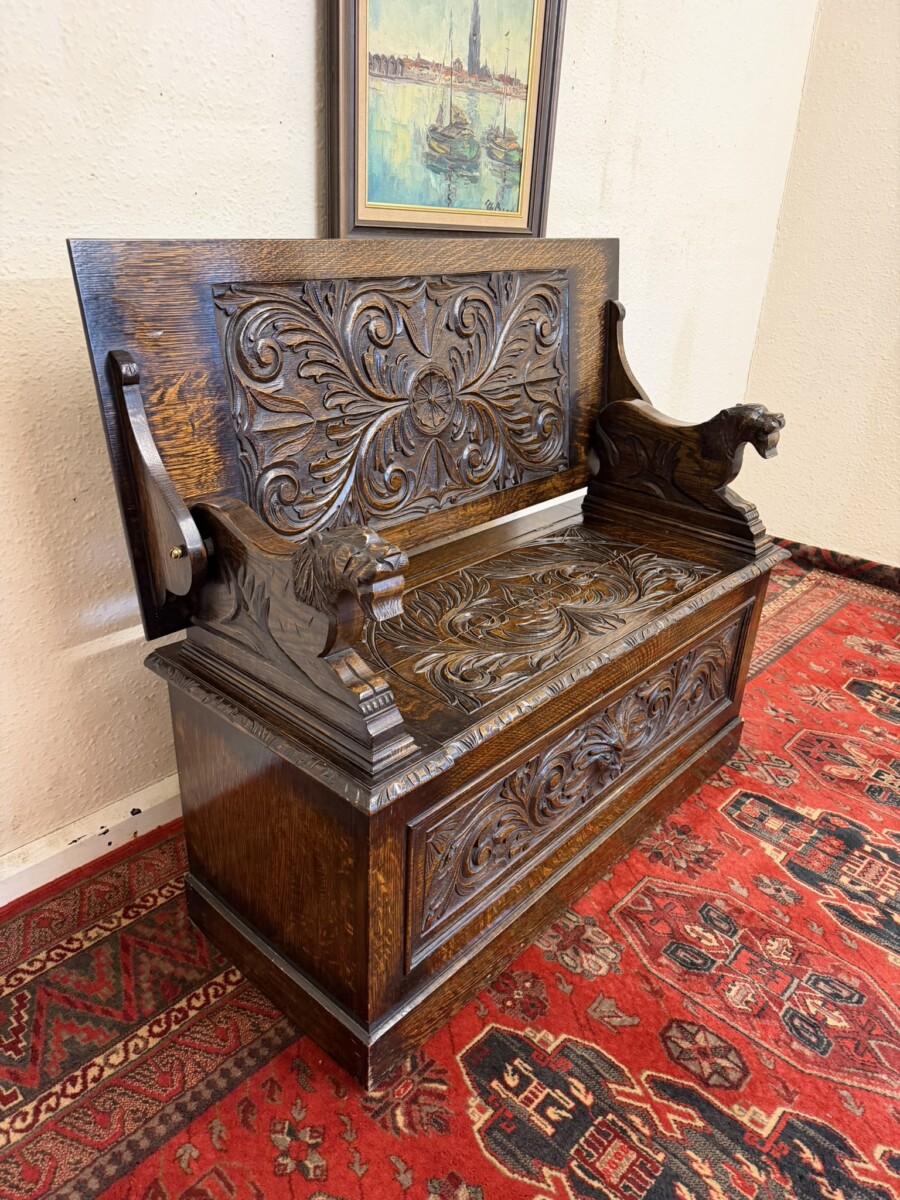 ANTIQUE CARVED OAK MONKS BENCH/SEAT CIRCA 1910 - Image 7