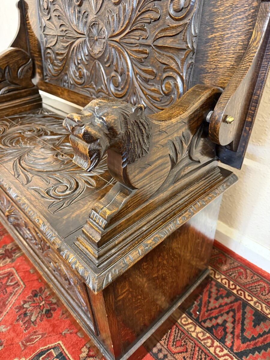 ANTIQUE CARVED OAK MONKS BENCH/SEAT CIRCA 1910 - Image 8