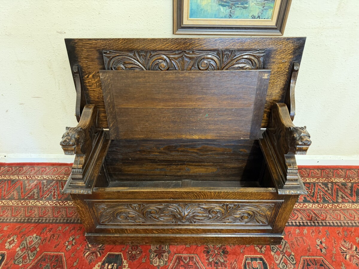 ANTIQUE CARVED OAK MONKS BENCH/SEAT CIRCA 1910 - Image 9