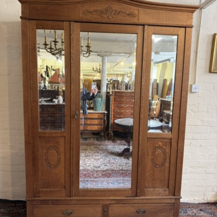 ANTIQUE FRENCH CARVED OAK MIRRORED DOOR ARMOIRE/WARDROBE CIRCA 1910