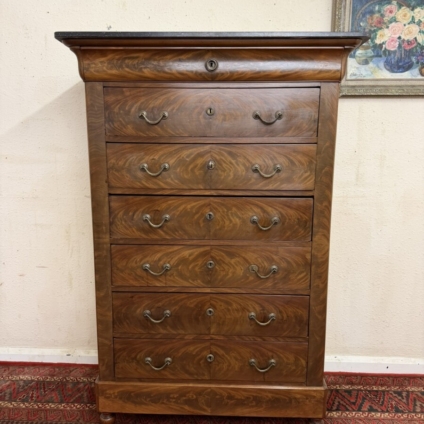ANTIQUE FRENCH MARBLE TOP FLAME MAHOGANY SEMAINIER CHEST/COMMODE CIRCA 1880