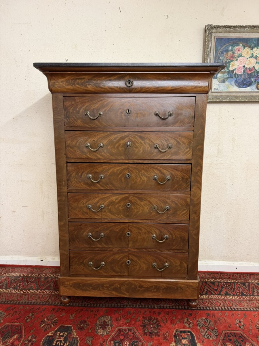 ANTIQUE FRENCH MARBLE TOP FLAME MAHOGANY SEMAINIER CHEST/COMMODE CIRCA 1880