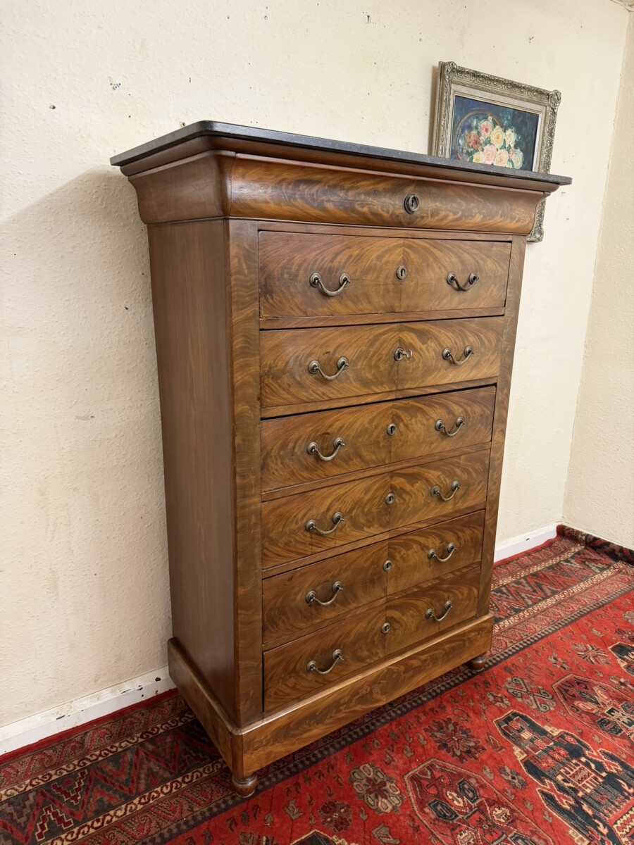 ANTIQUE FRENCH MARBLE TOP FLAME MAHOGANY SEMAINIER CHEST/COMMODE CIRCA 1880 - Image 2