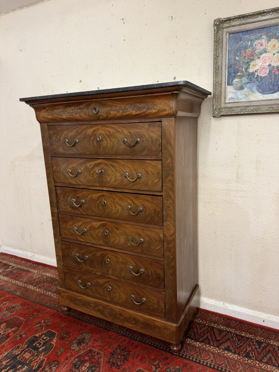 ANTIQUE FRENCH MARBLE TOP FLAME MAHOGANY SEMAINIER CHEST/COMMODE CIRCA 1880 - Image 3