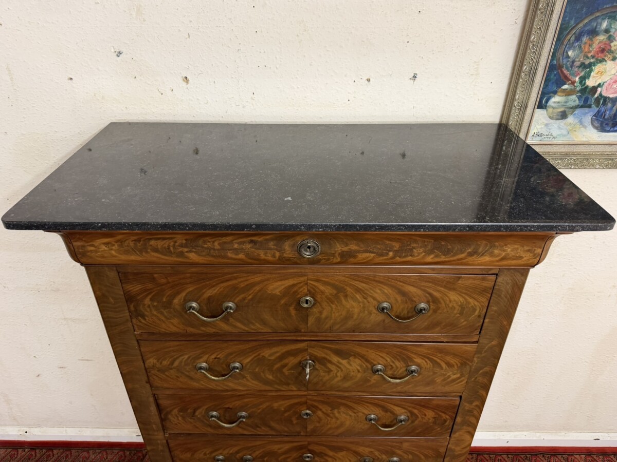 ANTIQUE FRENCH MARBLE TOP FLAME MAHOGANY SEMAINIER CHEST/COMMODE CIRCA 1880 - Image 4