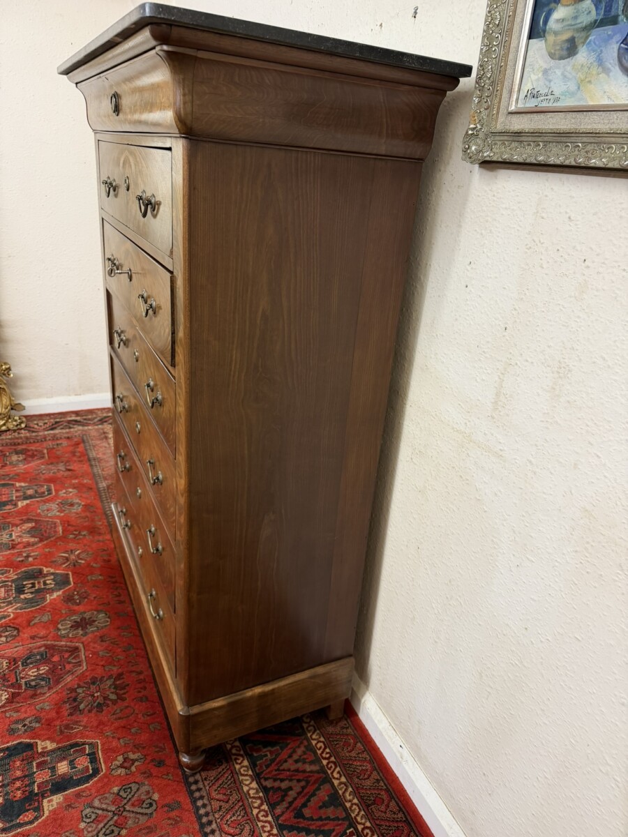 ANTIQUE FRENCH MARBLE TOP FLAME MAHOGANY SEMAINIER CHEST/COMMODE CIRCA 1880 - Image 6